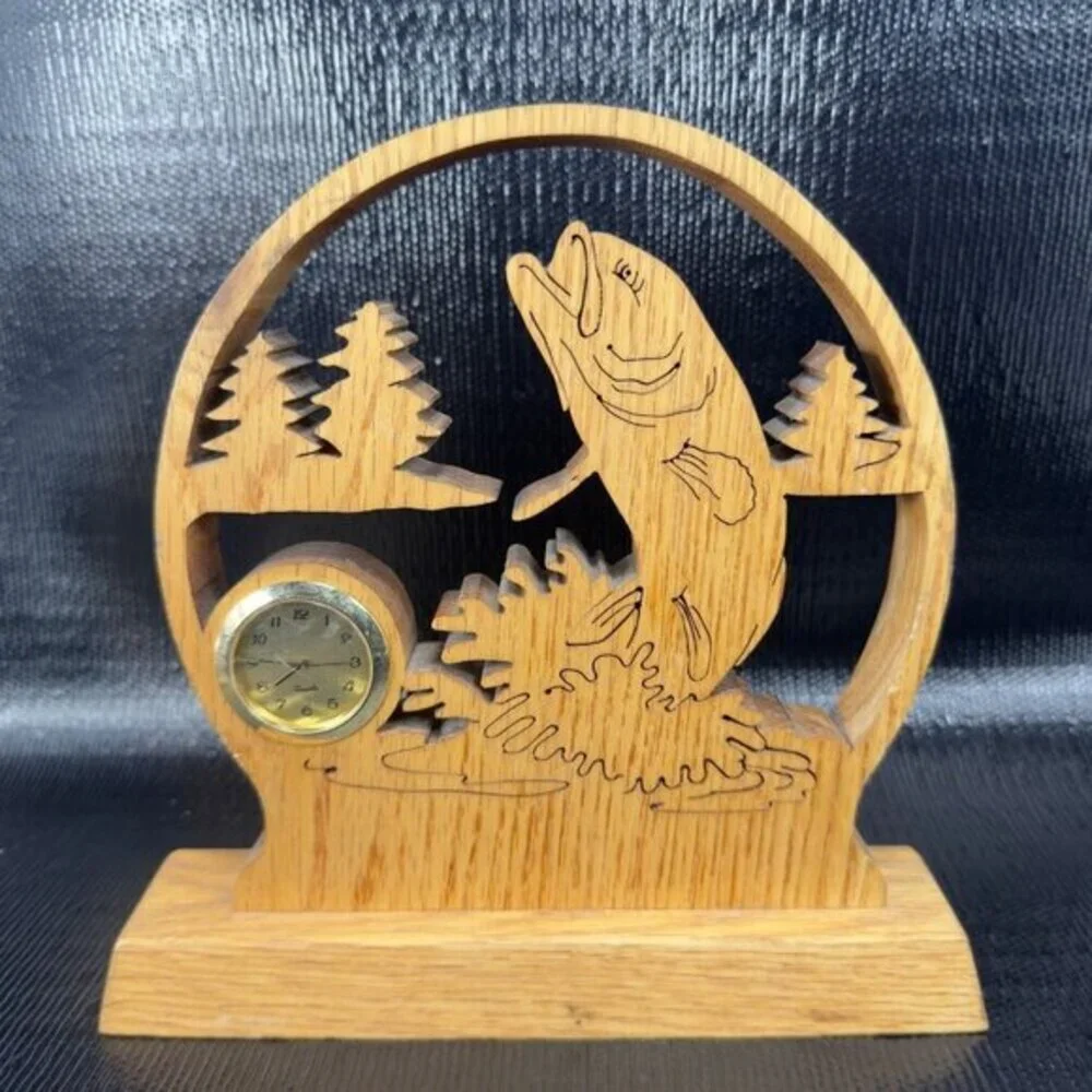 Hand Made Folk‎ Art Wooden Desk Shelf Clock Fish Hand Carved Signed F Erickson